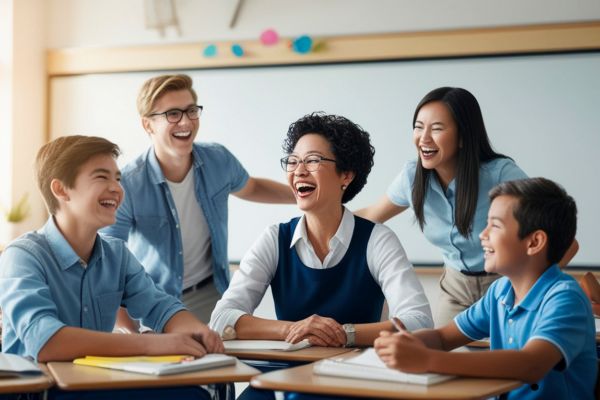 uma professora com 4 alunos em volta