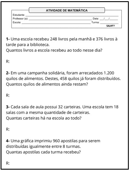 atividades de matematica as quato operações