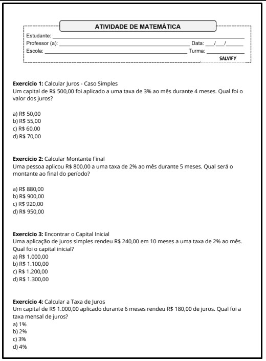 atividades de matemática 6° ano sobre juros simples