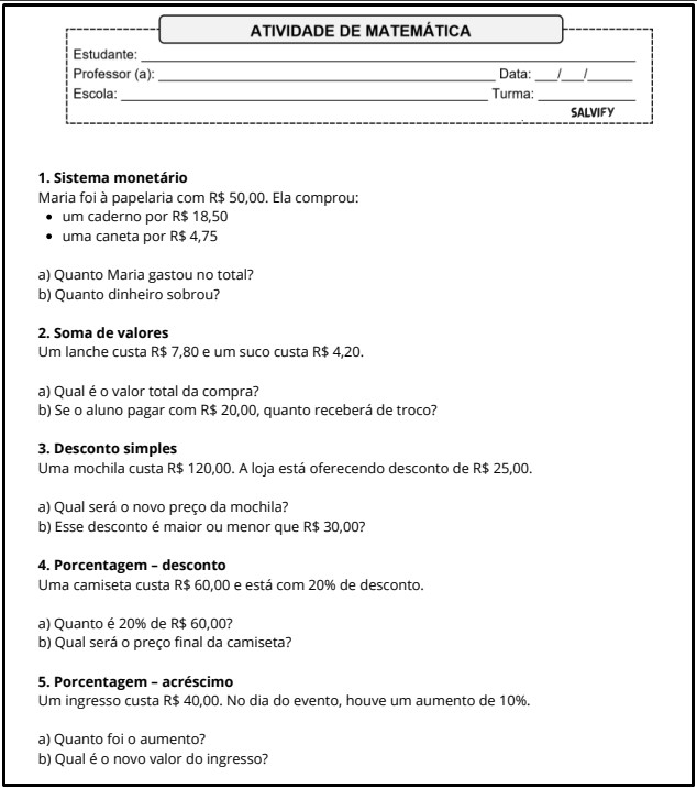 atividade de matemática 6° ano sobre matemática financeira