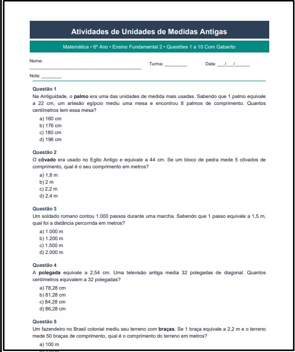 atividade de matematica 6 ano unidades de medidas antigas