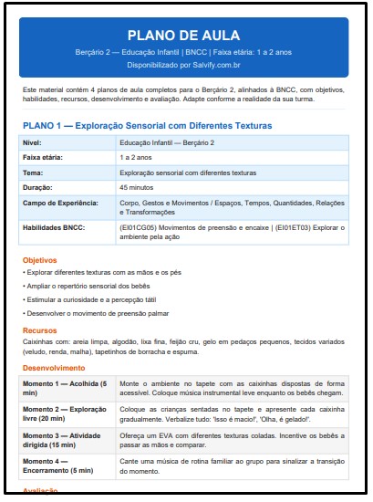 Plano de Aula Berçário 2 Pronto: Modelos Completos com BNCC para Baixar