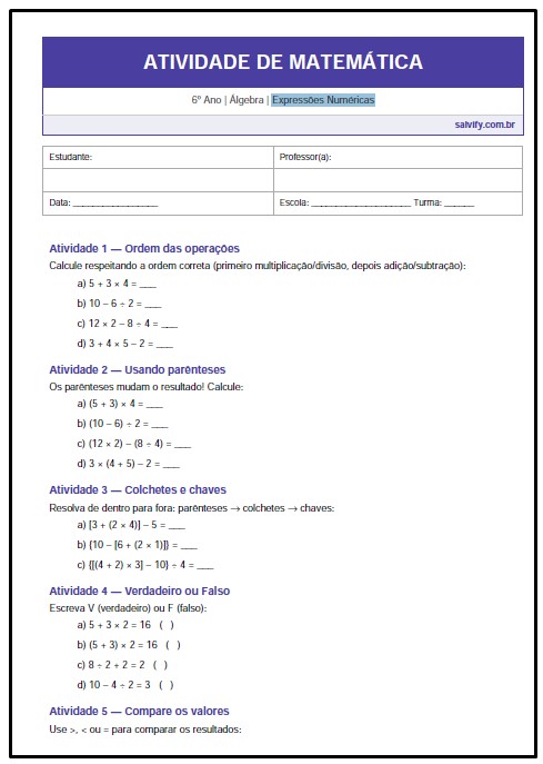 Atividades de Matemática 6° Ano sobre Expressões Numéricas