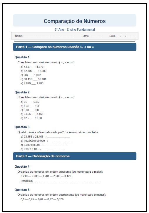12 Atividades de Comparação de Números no 6° Ano - Matemática