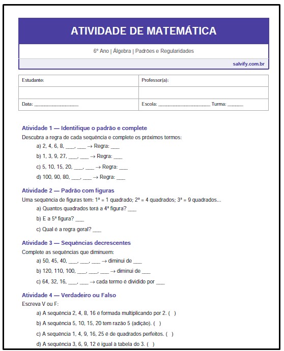 # Atividades de Matemática 6° Ano sobre Padrões e Regularidades