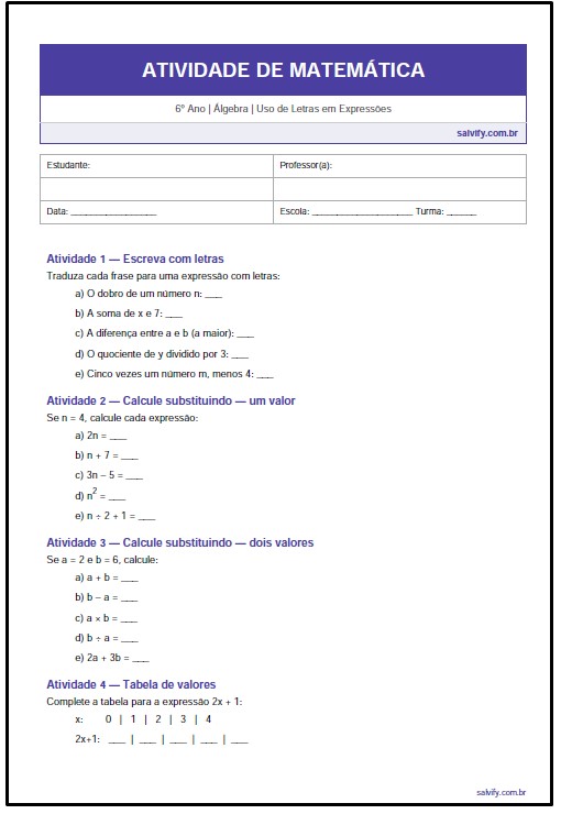 Atividades de Matemática 6° Ano sobre Uso de Letras em Expressões