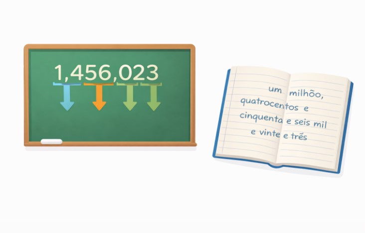 Leitura e escrita de números no 6° ano: atividades prontas com gabarito, explicações sobre classes, ordens e valor posicional. Material completo para usar em sala de aula.