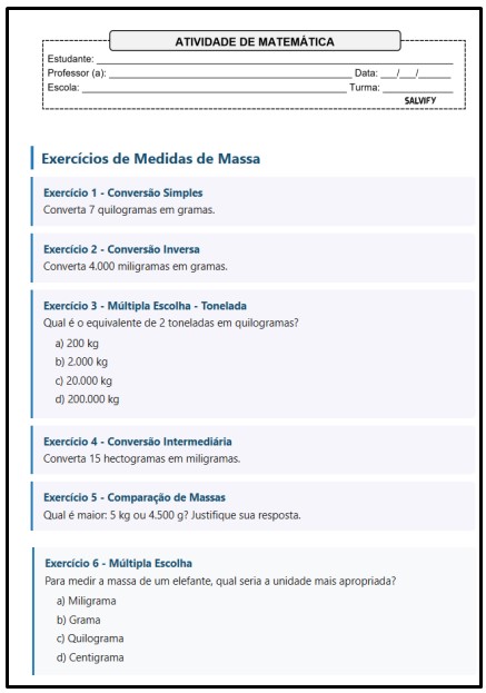 17 Exercícios de Matemática 6° Ano Sobre Medidas de Massa