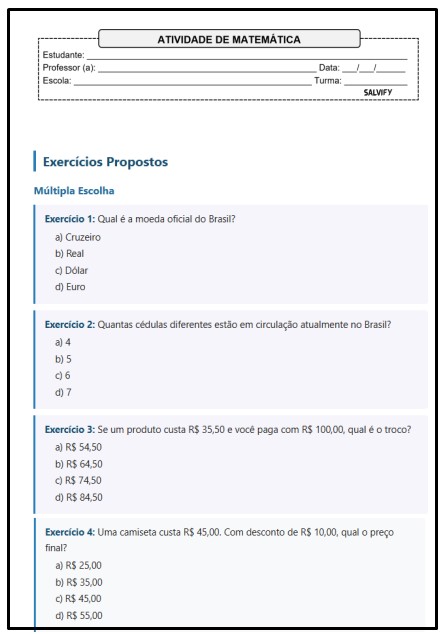 17 Atividades de Matemática 6° Ano sobre Sistema Monetário