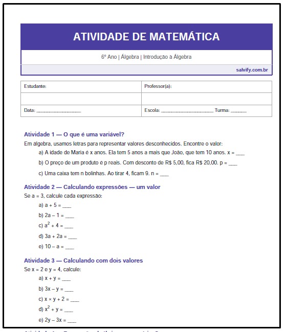 Atividades de Matemática 6° Ano sobre Introdução à Álgebra