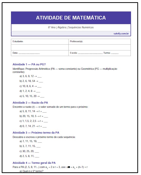 Atividades de Matemática 6° Ano sobre Sequências Numéricas