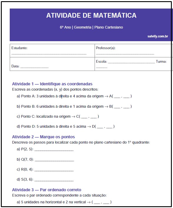 Atividades de Matemática do 6º Ano sobre Plano Cartesiano