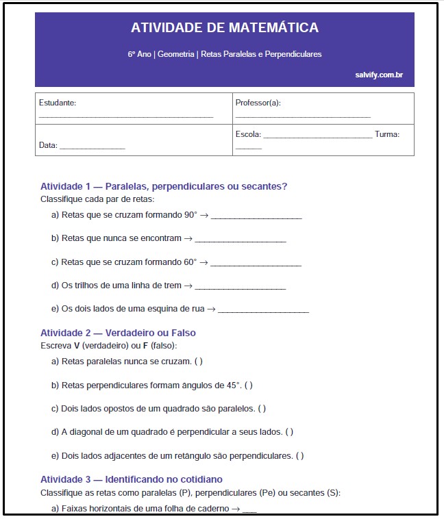 10 exercícios de Matemática do 6º Ano sobre Retas Paralelas e Perpendiculares