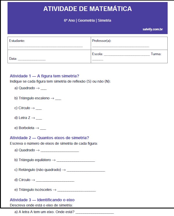 Atividades de Matemática do 6º Ano sobre Simetria
