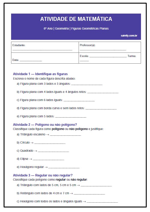 Atividades de Matemática do 6º Ano sobre Figuras Geométricas Planas