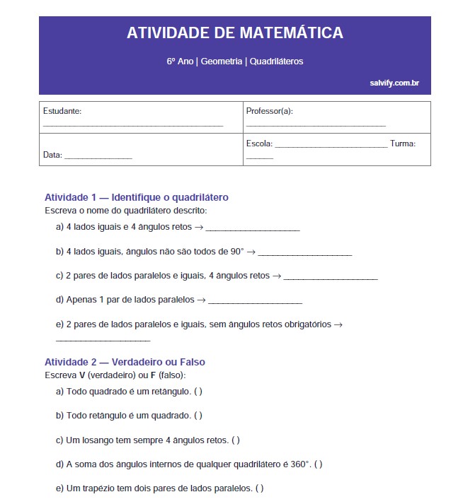 exercicios de Matemática do 6º Ano sobre Quadriláteros