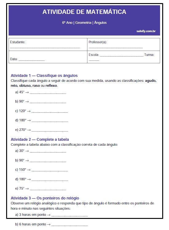 exercícios de Matemática do 6º Ano sobre Ângulos