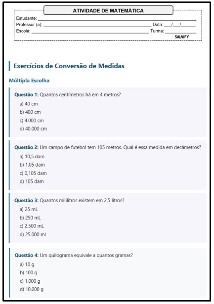 15 Atividades de Matemática 6° Ano Sobre Conversão de Medidas