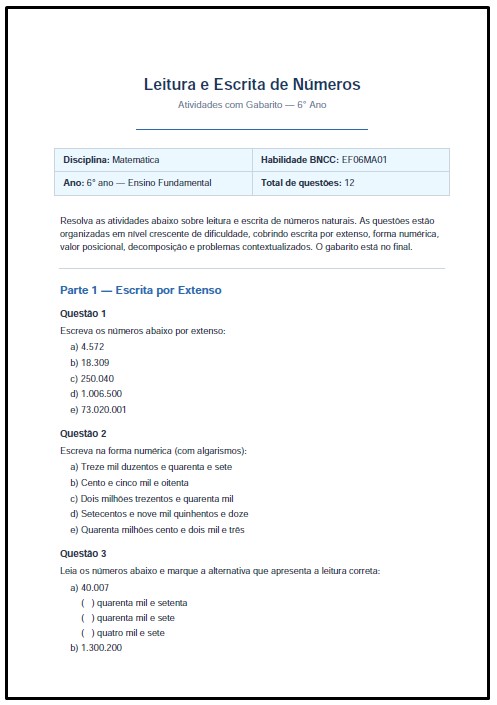Leitura e escrita de números no 6° ano: atividades prontas com gabarito, explicações sobre classes, ordens e valor posicional. Material completo para usar em sala de aula.