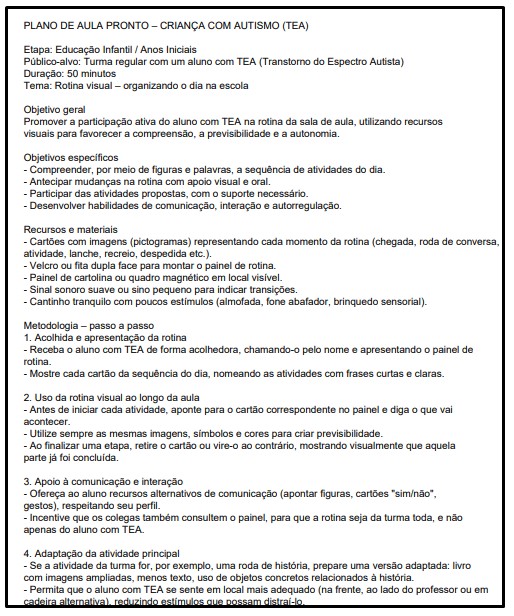 Plano de aula pronto para autismo em PDF