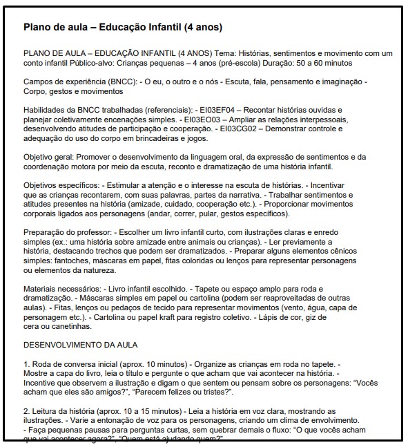 Plano de aula para Educação Infantil 4 anos