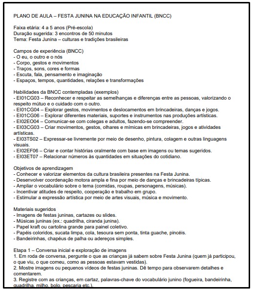 plano de aula Festa Junina para Educação Infantil