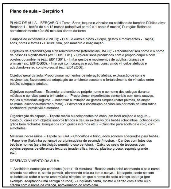 Plano de Aula para Berçário 1 Alinhadas à BNCC