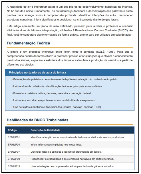 Plano de aula de Português 5º ano: leitura e interpretação de textos
