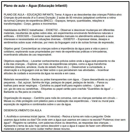 Plano de Aula Sobre Água para Educação Infantil