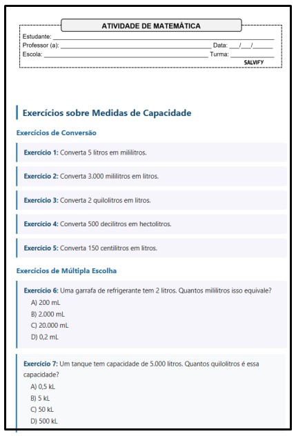 15 Questões de Matemática 6° Ano Sobre Medidas de Capacidade