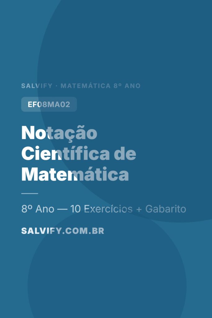 Se você está preparando aula com exercícios de notação científica 8º ano, esse material é um ponto de partida direto. São 10 atividades progressivas, com gabarito, prontas para imprimir ou projetar em sala.O tema costuma travar os alunos logo na primeira aula, especialmente quando o expoente fica negativo. Com essa sequência, você trabalha desde a conversão básica até operações com potências de 10 e problemas contextualizados.O material cobre representação de números em notação científica, conversão para a forma decimal, operações de multiplicação e divisão e situações do cotidiano científico.O Que É Notação Científica?
Notação científica é uma forma de representar números muito grandes ou muito pequenos usando uma potência de 10. O formato padrão é a × 10ⁿ, em que 1 ≤ a < 10 e n é um número inteiro.Para escrever 45.000.000 em notação científica, separamos o fator (4,5) da potência de 10 que indica quantas casas decimais foram deslocadas (10⁷). O resultado é 4,5 × 10⁷.Para números pequenos, como 0,000032, o expoente fica negativo: 3,2 × 10⁻⁵. Isso acontece porque o número é menor que 1 e a vírgula precisa ser deslocada para a direita.Essa representação é usada em astronomia, biologia, física e química, sempre que os valores fogem da escala do cotidiano.O Que Diz a BNCC sobre Notação Científica no 8º Ano
A Base Nacional Comum Curricular orienta que os alunos do 8º Ano desenvolvam a habilidade de representar e operar com potências e raízes, incluindo a notação científica.EF08MA02 — Resolver e elaborar problemas com potências de base racional e com raízes, incluindo a representação de números em notação científica.